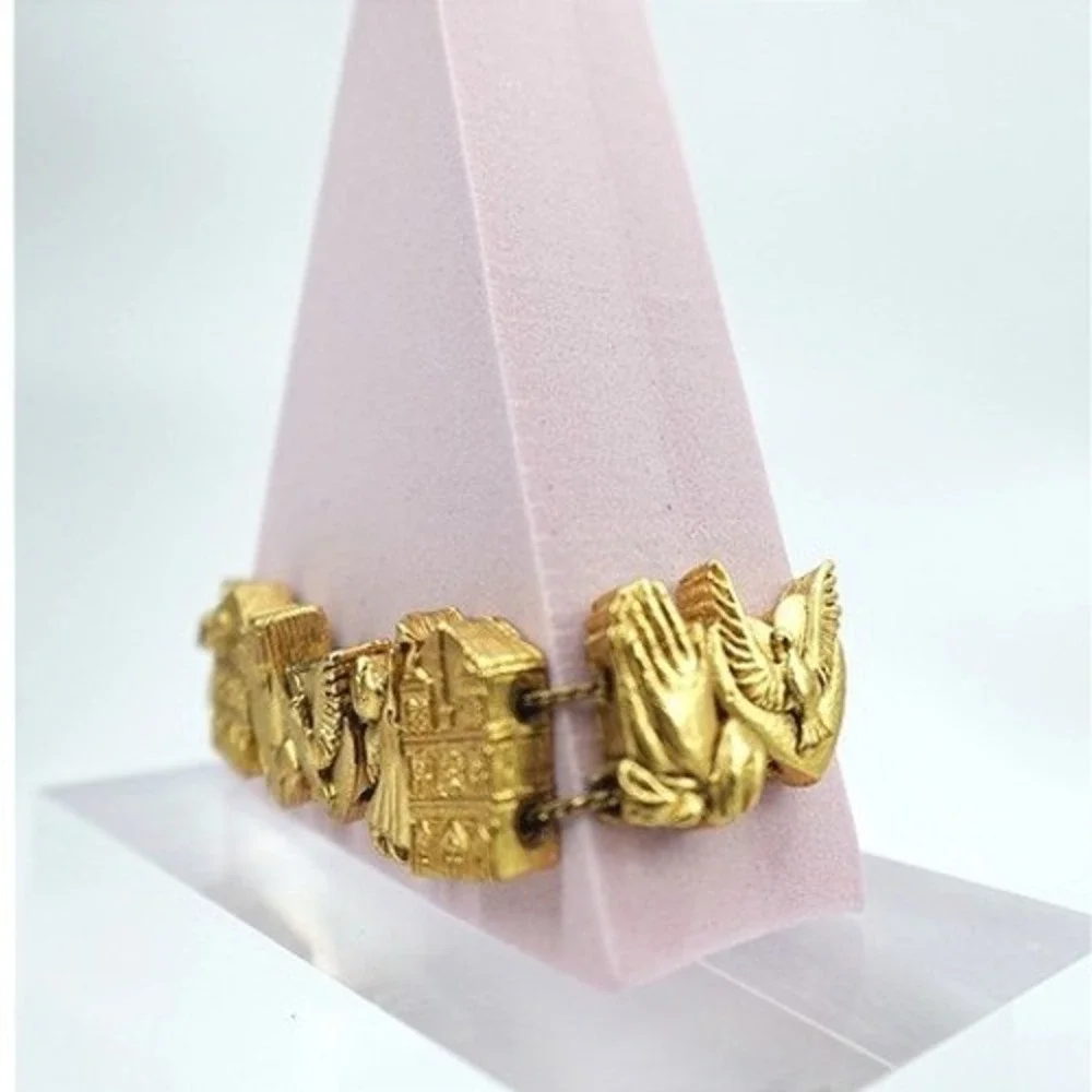 VTG Gold‎ Tone Religious Bracelet Praying Hands Angel Dove Panel Ornate 7